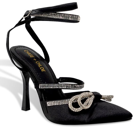 Chase + Chloe Shoes - Women’s Rhinestone Embellished Pointed Toe Heels with Ankle Straps